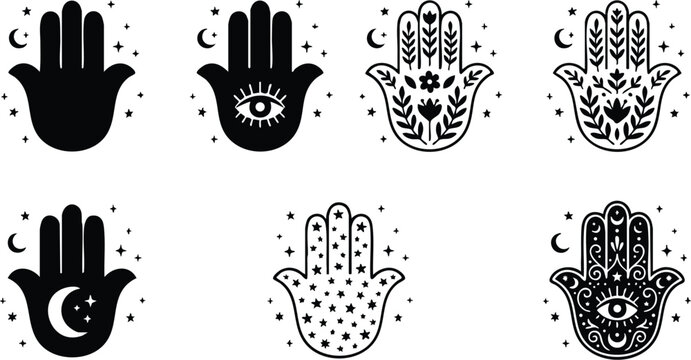Black and white hamsa hand with eye crescent stars and floral ornaments vector art