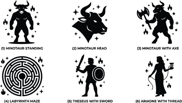 Black silhouette minotaur with axe and theseus with sword in labyrinth maze vector art