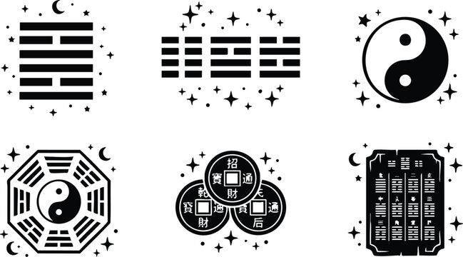 Black and white yin yang bagua trigrams and ancient coins vector icons