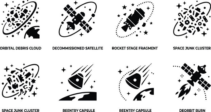 Black and white space debris cloud satellite and reentry capsule vector art set