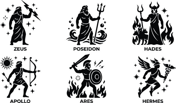 Greek gods zeus poseidon hades apollo ares and hermes silhouettes