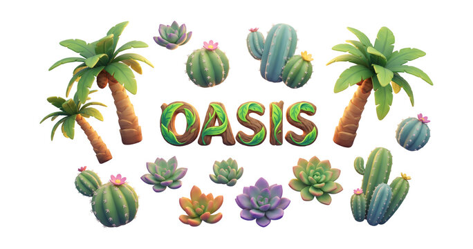 Group of 3D desert oasis plants and succulent cacti surrounding a bold OASIS subtitle isolated on white for nature theme