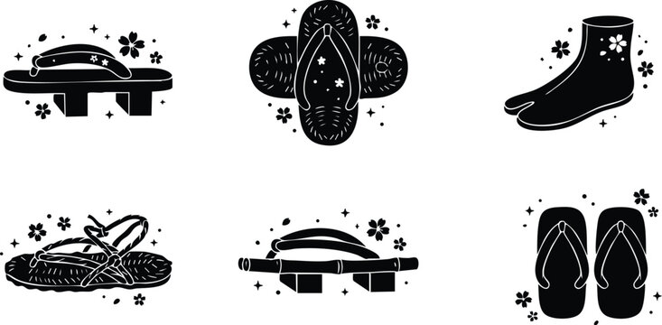 Black and white japanese traditional footwear vector art with floral accents