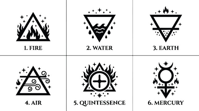 Black and white elemental symbols fire water earth air quintessence mercury vector art