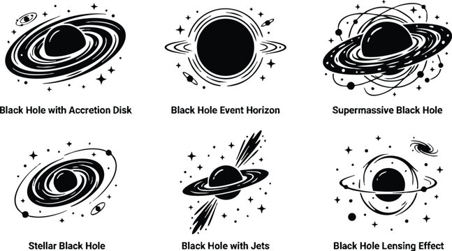 Black hole with accretion disk stellar and supermassive black hole vector art in black and white