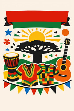 African heritage poster with dashiki shirt baobab tree and djembe drum
