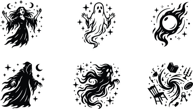 Black and white horror ghost wraith and haunted objects vector art set