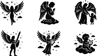 Obraz premium Black and white angel silhouettes collection with wings swords harps and clouds vector art