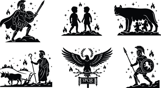 Black vector art of roman warriors legendary twins wolf and eagle emblem with spqr sign