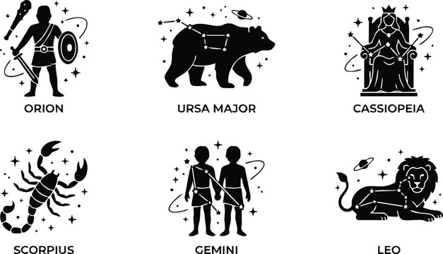 Black silhouette constellation icons of orion ursa major cassiopeia scorpius gemini and leo