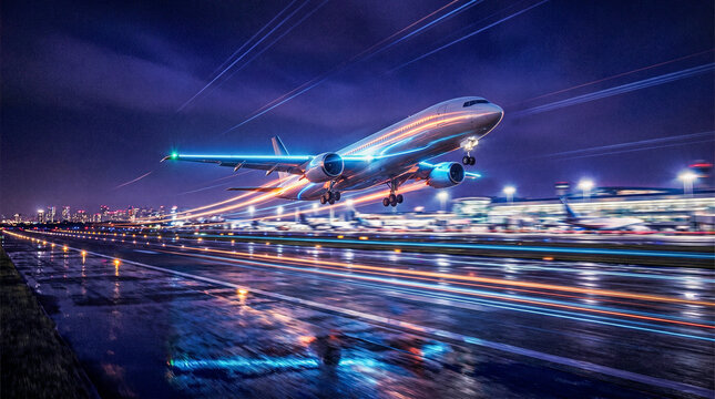 Avi&oacute;n despegando con efecto motion blur y luces din&aacute;micas en pista nocturna, alto contraste, estilo futurista.