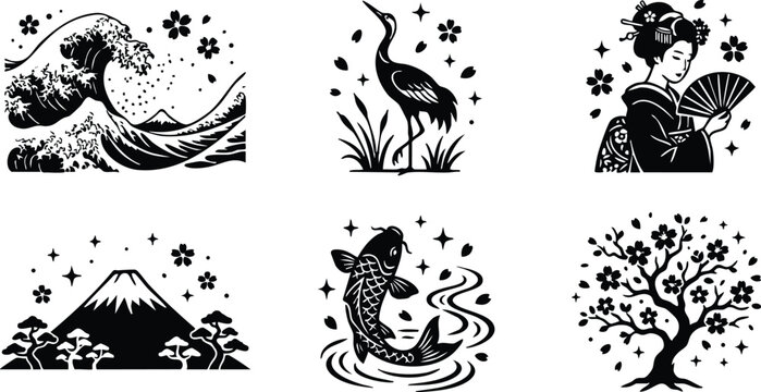 Black and white japanese wave crane koi geisha mount fuji and cherry tree vector art