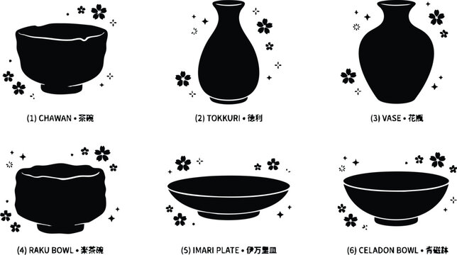 Black silhouette collection of chawan tokkuri vase raku bowl imari plate and celadon bowl vector art