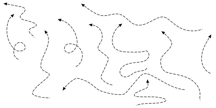 Dotted arrows and dashed line paths set isolated on transparent background. Black vector curved pointers and swirl lines for navigation, infographics and map routes. Minimalist design elements.
