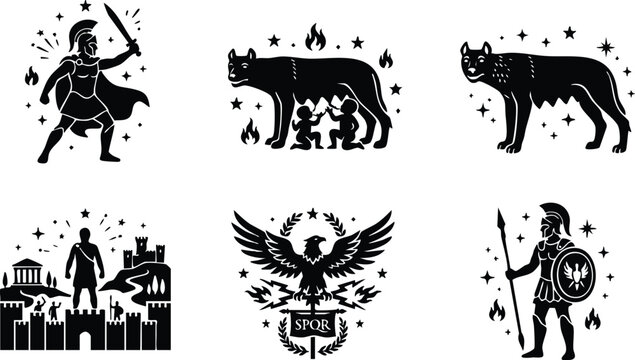 Black and white roman warrior and she wolf with twins vector art