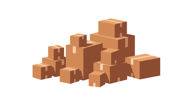 A massive disorganized pile of various sized brown cardboard boxes sits in a cluttered heap ready for recycling or unpacking in a warehouse environment.