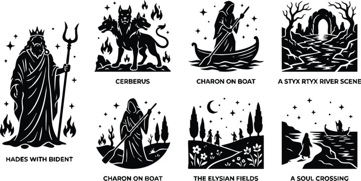 Hades with bident and cerberus charon on boat elysian fields and styx river scenes