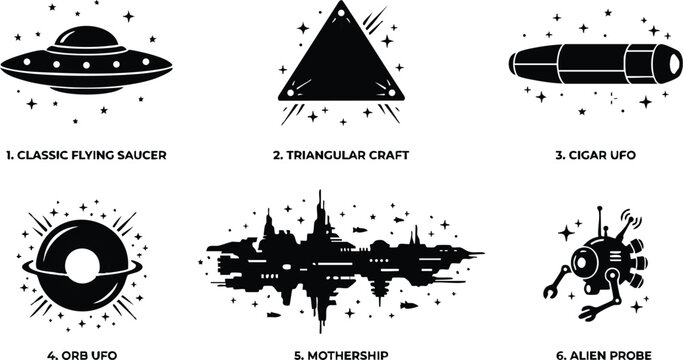 Black flying saucer triangular craft cigar ufo orb mothership and alien probe vector art