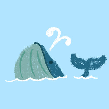 Whale tail and head peeking out of water ripples on light blue background, textured crayon illustration. Naive childlike character concept art for book or game.