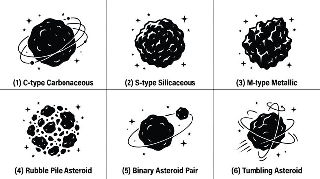 Six asteroid types with orbit rings and stars