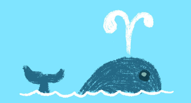 Large whale swimming on the water surface with spray on light blue background, hand drawn textured vector. Naive childlike character concept art for book or game.