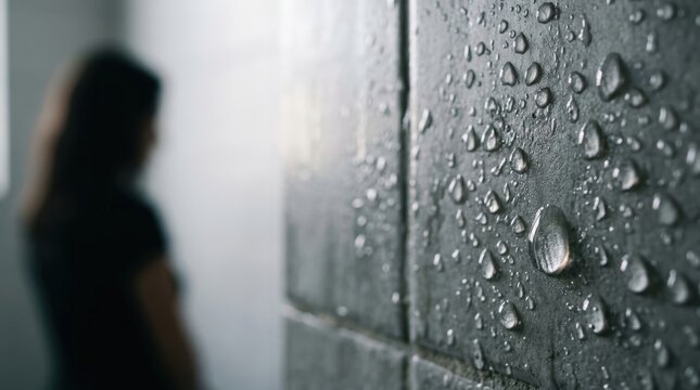 Macro Detail of Water Droplets on Bathroom Tile with Blurred Female Figure
