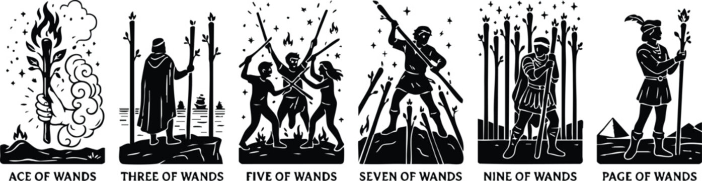 Black and white tarot card line art of ace three five seven nine and page of wands