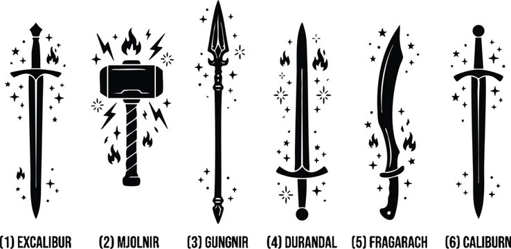 Excalibur mjolnir gungnir durandal fragarach and caliburn mythic weapons