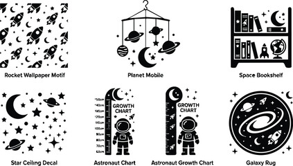 Obraz premium Black and white astronaut growth chart with stars and moon elements vector art