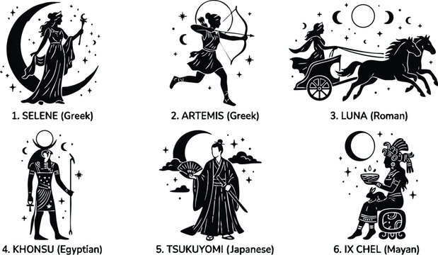 Six moon goddesses and gods from ancient cultures including selene artemis luna khonsu tsukuyomi and ix chel
