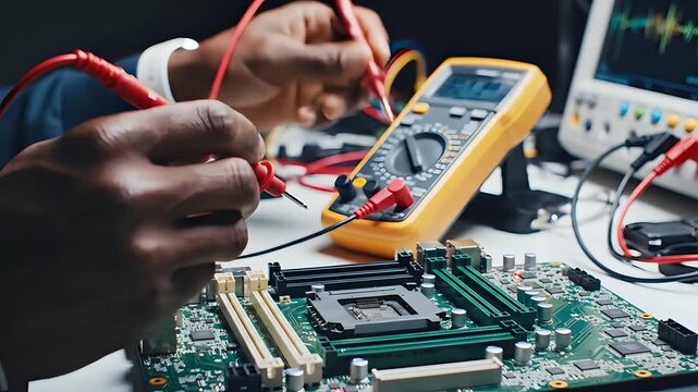 Technician testing computer motherboard with multimeter and oscilloscope.