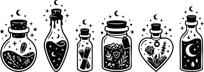 Naklejka premium Black and white mystical potion bottles with plants crystals and moons vector art