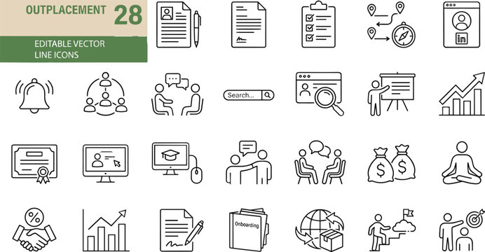 A set of 28 detailed business vector line icons depicting various outplacement services such as career development, job search, resume writing, and financial planning in a simple and elegant style