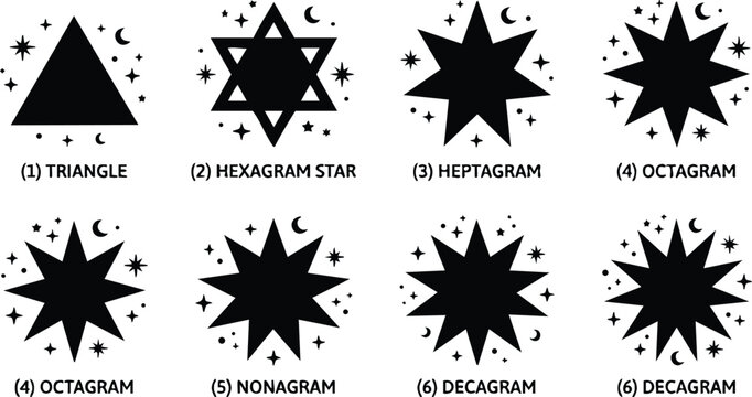 Black silhouette polygonal star shapes with celestial motifs vector art