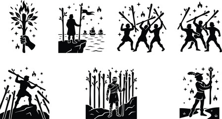 Obraz premium Black silhouette warriors fighting with fiery staffs and a torch bearer in forest vector art