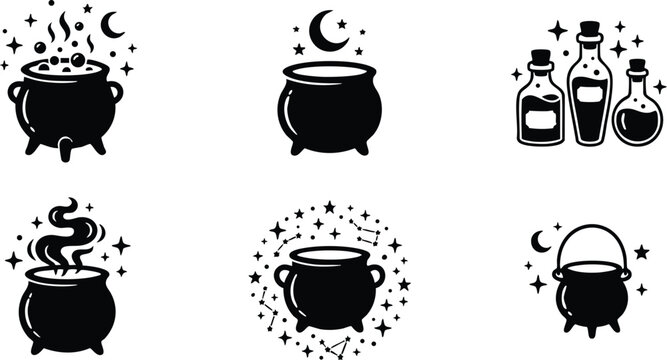 Black silhouette magical cauldrons and potion bottles vector art set