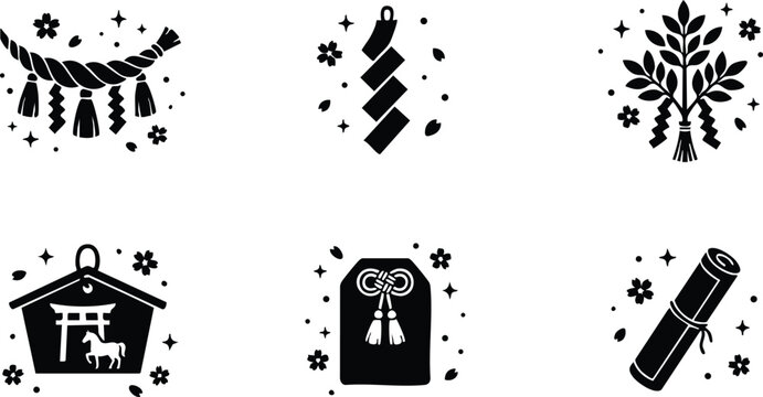 Black and white shimenawa rope kagome knot charm ema and scroll vector art set