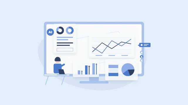 Flat animation of a business dashboard showing artificial intelligence data analytics with various charts and graphs