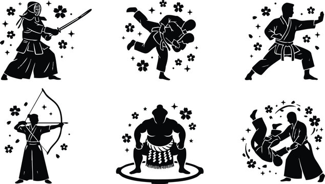 Black and white silhouette vector art of martial arts disciplines including kendo sumo judo archery and karate