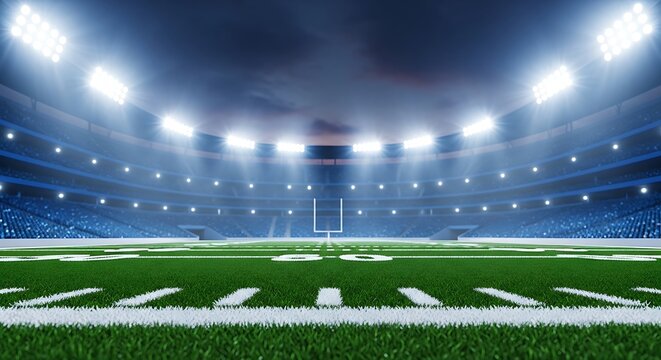 Spectacular soccer football stadium view illuminated pitch ready for intense match action and thrilling gameplay