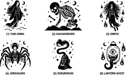 Fototapeta premium Black and white japanese yokai spirits including yuki onna gashadokuro and onryo vector art