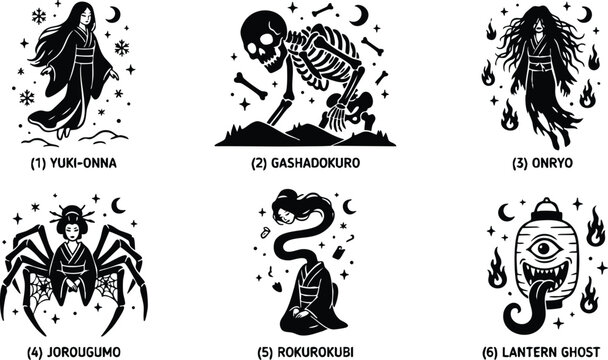 Black and white japanese yokai spirits including yuki onna gashadokuro and onryo vector art