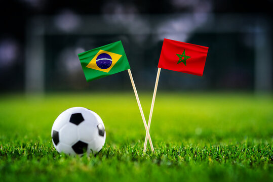 Brazil vs Morocco, national flags before world championship Group C group stage match, football on green pitch with goal in the background, East Rutherford, USA, June 13, 2026