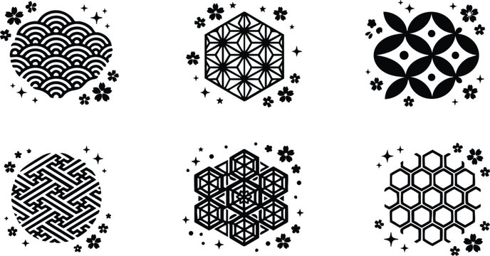 Black and white traditional japanese geometric pattern icons with cherry blossoms