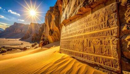 Obraz premium Ancient Egyptian Hieroglyphic Inscriptions Carved into a Weathered Rock Face in a Sun-Drenched Desert Landscape