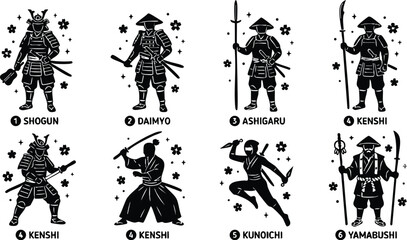 Obraz premium Black and white samurai warrior and ninja character set with weapons and armor