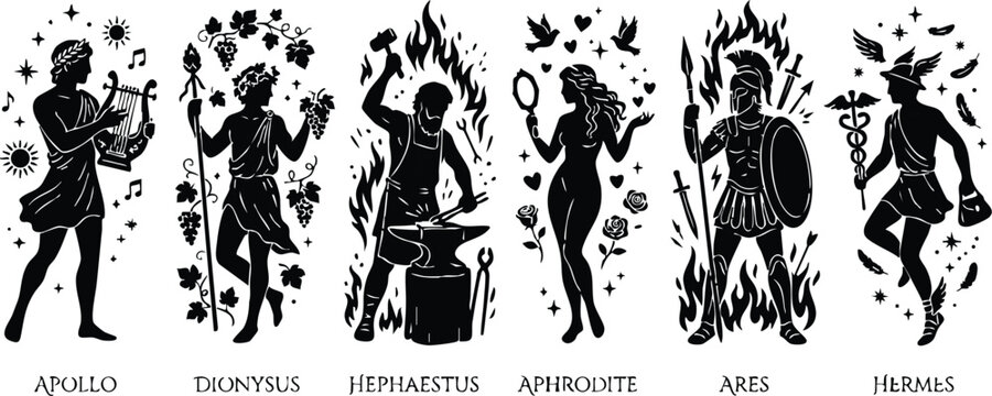 Black and white silhouette vector art of six greek gods and goddesses with names