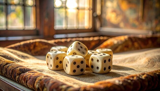 An assortment of antique ivory dice showing subtle yellowing and smooth patina from an old collection, arranged for a game of chance.