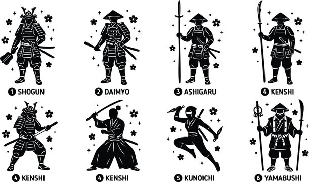 Black and white samurai warrior and ninja character set with weapons and armor