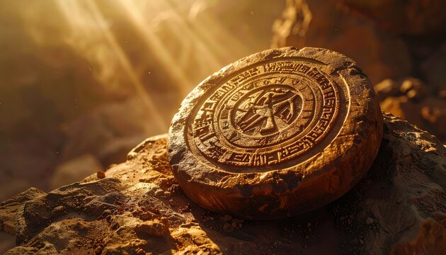 Ancient Indus Valley Civilization circular stone seal artifact with enigmatic symbols and intricate carvings, illuminated by divine light